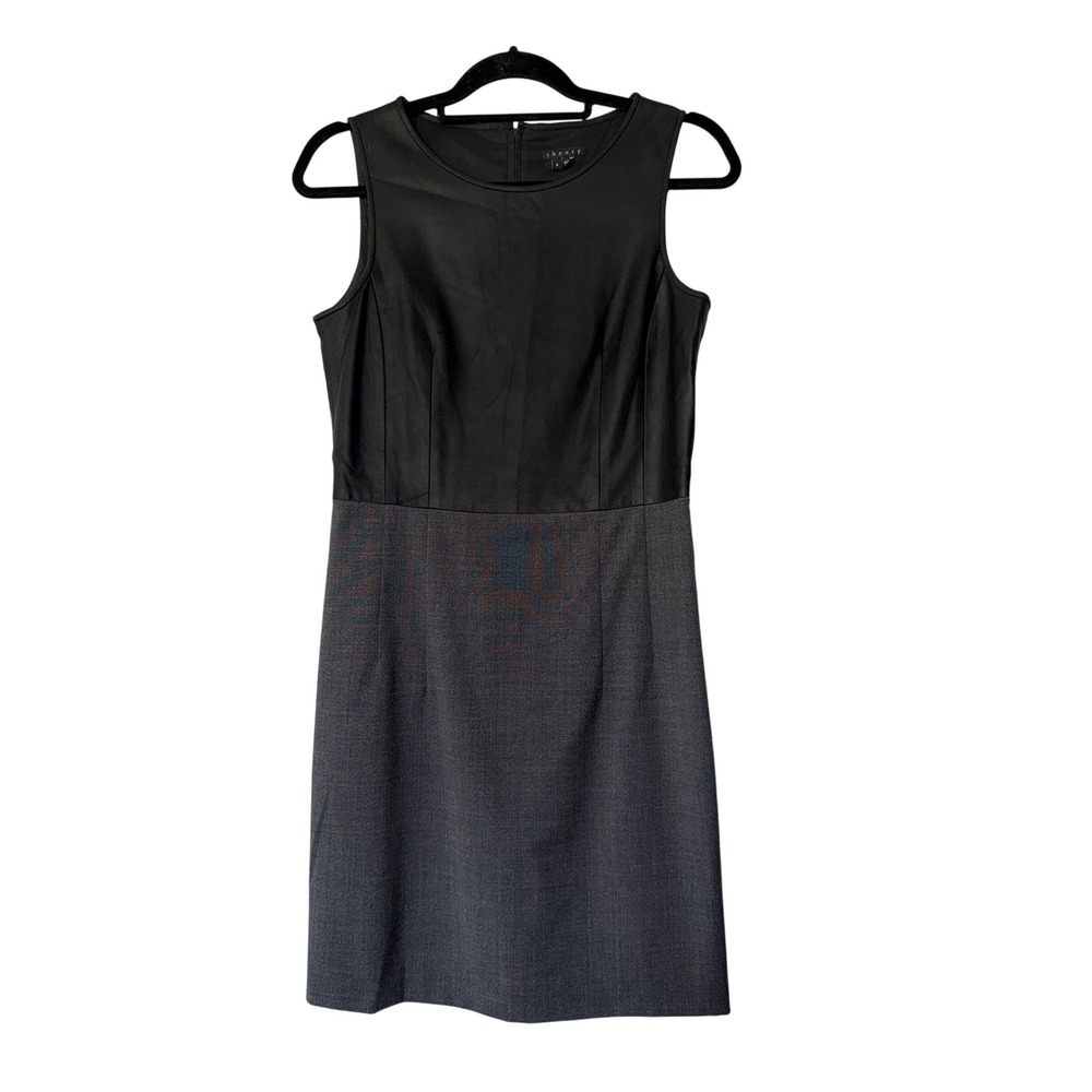 Theory Tirionne C Leather Wool Mixed Media Sheath Dress Charcoal Black Size 6